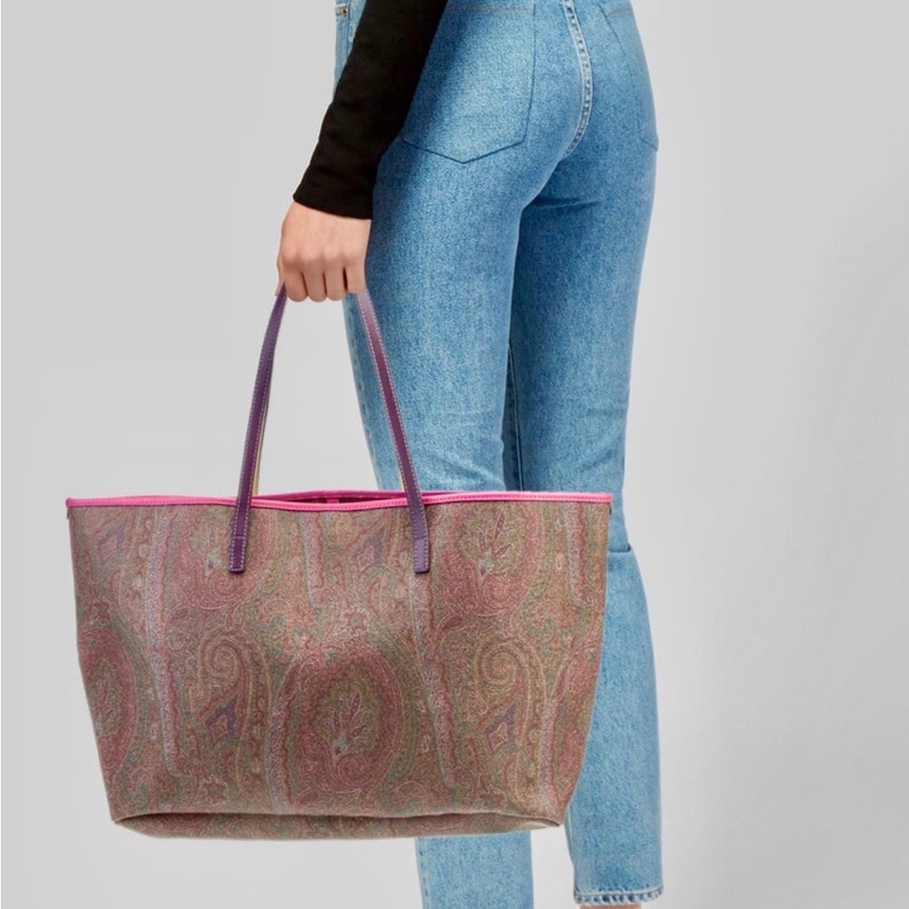 Etro Brown Paisley Multicolored Neon Leather Trimmed Tote Bag - Picture 1 of 3